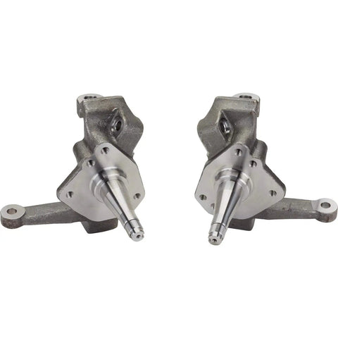 Hub-To-Hub Independent Front End Suspension Kit With 2 Inch Drop Spindles, Tubular Control Arms, 600-Lb Coilovers, Power Rack, 5x4.5 Bolt Pattern, And 1045 Heat-Treated Alloy Steel Construction For Street And Strip Performance, close-up of 2 inch drop spindles.