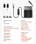 Endoscope Camera With 49.2ft Semi-Rigid Cable For Android And iOS, USB adapters, tools, and IP67 waterproof inspection set.