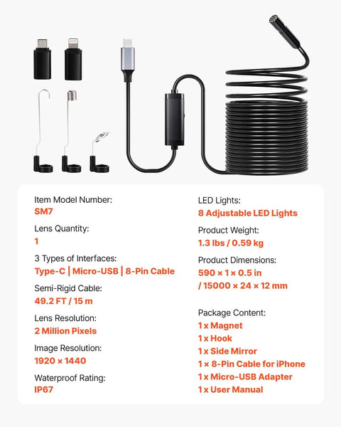 Endoscope Camera With 49.2ft Semi-Rigid Cable For Android And iOS, USB adapters, tools, and IP67 waterproof inspection set.