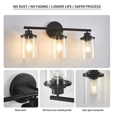Three Light Matte Black Vanity Light With Clear Glass Shades For Bathroom, showing lit bulbs and close-up of details