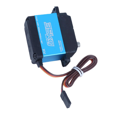 Beast Mode 35 Kilogram Digital Servo With Coreless Motor featuring a blue IP66 waterproof shell and cables for RC cars.