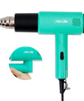 Mint Green Heat Blower Gun With Foldable Handle For Sublimation Blanks And Shrink Wrap Film, 110V 1300W hot air gun shown sideways.