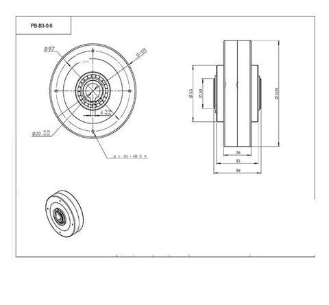 Technical drawing of 0.6Kg Hollow Magnetic Powder Brake With 4 Hole Tension Control For Precise Torque And Fast Response In Machinery