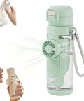 2-In-1 Hydration Bottle With Built-In Foldable Cooling Fan, 23 Oz Portable Dual Drinking Cup, green, with USB fan in use.