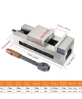 Image of Heavy Duty Precision CNC Vise Featuring Bull Dog Grip And Quick Release Action For Snapping Up Round Pipe, dimensions shown.