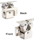 No Sweat Install Cabinet Door Catches, Double Roller Catch Latches with smooth white nylon rollers, front and back views, nickel plated steel.