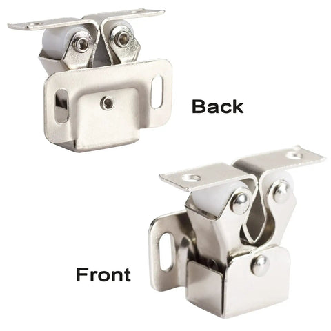 No Sweat Install Cabinet Door Catches, Double Roller Catch Latches with smooth white nylon rollers, front and back views, nickel plated steel.