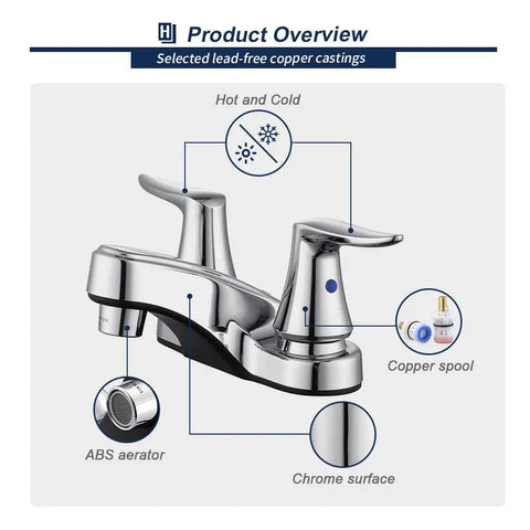 Modern 4 Inch Centerset Bathroom Sink Faucet With Dual Levers No Splash Aerated Stream For Precise Temperature And Flow Chrome Widespread Lavatory Fixture Easy Install Clean Contemporary Bath Accessory with chrome surface and ABS aerator.