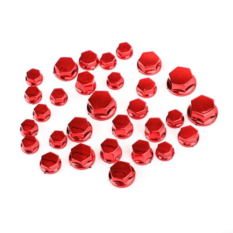 Red ABS electroplated hexagon socket screw covers for motorcycle 30 piece set in five sizes to cover bolts and nuts M8 to M10