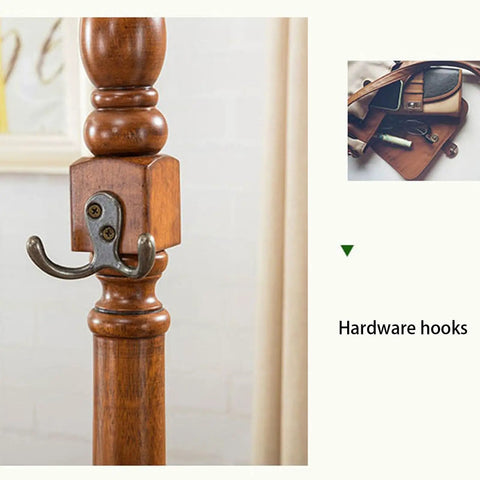 Heavy Duty Double Pole Clothes Rack With Roomy Built In Storage Drawers For Long Coats Portable Floor Standing Closet Organizer featuring wooden pole with hardware hooks.