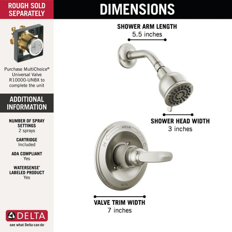 Dimensions and features of Foundations 13 Series Shower Trim Kit With Single Function All In One Single Spray Shower Head In Stainless BT1321SS Valve Not Included Fits Universal MultiChoice Rough In, showing shower arm and head measurements.