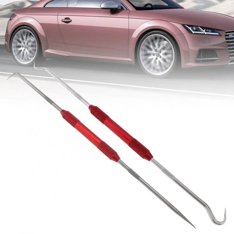 2 Piece Hook And Pick Set With Rolling Flower Handle Multi Angle Hook Picks For Removing Small Fuses Gaskets Springs And O Rings Durable Carbon Steel Tools For DIY And Pro Use displayed with red car background