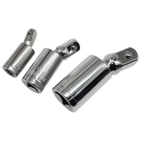 Universal Joint Socket Set 3-Piece For 1/4 In, 3/8 In, And 1/2 In Drives, Built Tough With Chrome Vanadium Steel, Rust-Resistant Finish, Spring-Loaded Locking Ball, Smooth Swivel Action For Hard-To-Reach Angles And Quick Reliable Access.