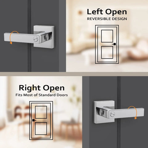 Polished Chrome Door Lever Set 6 Pack Heavy Duty Privacy Interior Door Handles Left Or Right Handed for Commercial and Residential Use Interior Door Lock Set Durable Door Hardware shown in left and right open positions