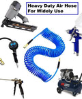 Polyurethane Recoil Air Hose One Quarter Inch Inner Diameter By Twenty Five Feet With Bend Restrictor And Industrial Quick Coupler And Plug Blue For Air Compressors Anti Kink Lightweight Abrasion Resistant Self Coiling Hose surrounded by pneumatic tools.