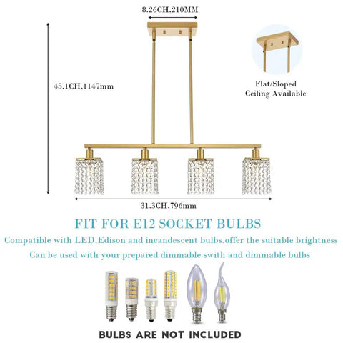 Crystal Linear Chandelier 4 Light Brushed Brass Farmhouse Pendant For Dining Room And Kitchen Island Gold Mid Century Modern Rectangle Hanging Light With Raindrop Crystals And Flush Mount Totally Lit