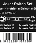 Packaging of Joker Switch Ratcheting Combination Wrench Set Four Piece Angled Jaw Design With Locking Mechanism, metric sizes shown