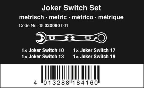 Packaging of Joker Switch Ratcheting Combination Wrench Set Four Piece Angled Jaw Design With Locking Mechanism, metric sizes shown