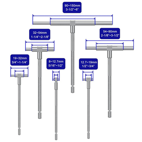 Six-piece stainless steel telescoping bore gauge set with knurled handles and range from 5/16 in to 6 in.