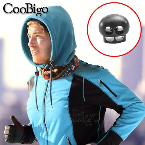 25 Pack Spring Cord Locks End Stops For Drawstrings And Shoelaces Two Hole Round Plastic Toggle with running person in blue hoodie