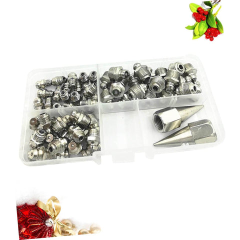 One Stop Grease Fitting Kit With Assorted Nozzles And Grease Gun Attachments For Bearings And Recessed Fittings Pro Grade And Easy To Use Handy Plastic Case Great For Workshops And Garages displayed in a plastic case