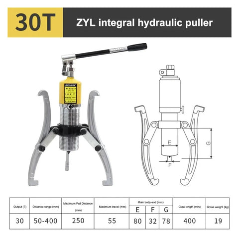 Heavy Duty 30 Ton Hydraulic Bearing Puller Set With Sick Jaw Gear And Rock Solid All Steel Casing showcases a polished steel design for effective use.