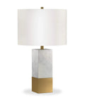 Front view of Glam Marble and Brass Table Lamp With White Drum Shade 21.5 Inch Tall Desk Lamp For Home Or Office Handcrafted Marble Base Modern Accent Lighting