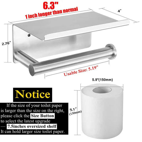 Diagram of No Slip Anti Drop Toilet Paper Holder With Extra Large Phone Shelf For Bathroom Wall Mount Stainless Steel Brushed Finish, showing dimensions and compact design.