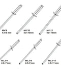Various sizes of dome head aluminum rivets from 120 Piece Aluminum Alloy Blind Rivets Set Kit With Dome Head Rivets And Rivet Nut Tools.