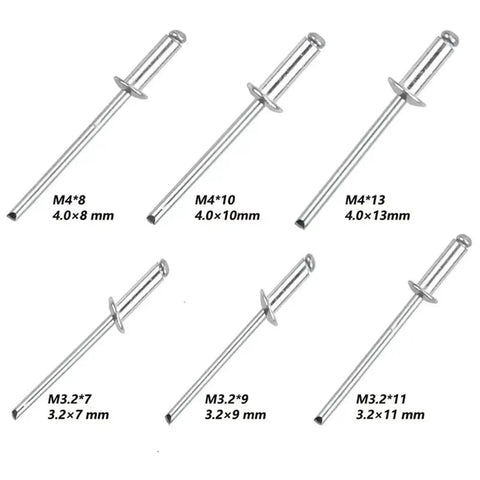 Various sizes of dome head aluminum rivets from 120 Piece Aluminum Alloy Blind Rivets Set Kit With Dome Head Rivets And Rivet Nut Tools.