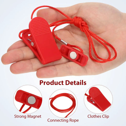 Hand holding Treadmill Safety Key With Magnet Lock Replacement Kit in red, lightweight ABS, emergency stop accessory for running machines.