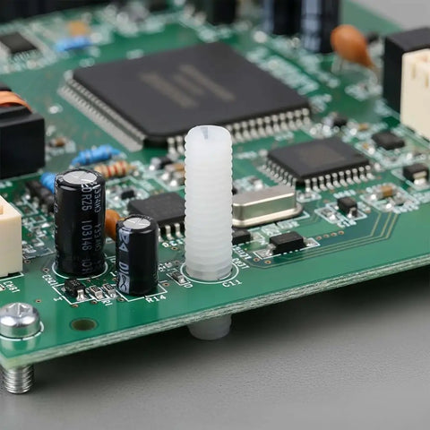 Top Shelf M4 X 12mm Nylon Slotted Set Screws on a circuit board, used for non-conductive electronics fastening.