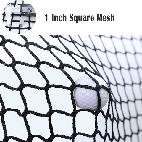 Close-up of 10x10x10 Ft Golf Batting Cage Netting showing 3mm mesh with a golf ball, knotless polyester, no frame included.
