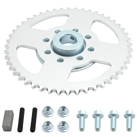 Go Kart Rear Sprocket Kit With 48 Tooth Sprocket, 8 Hole Hub, 1 Inch Bore, Quarter Inch Keyway, bolts, and nuts displayed
