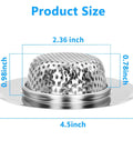 Set Of Two Sink Drain Strainers Keeping Your Pipes Free Of Nasty Gunk While Trapping Messy Hairballs So You Can Kick Clogs To The Curb Featuring A Deep Basket Fit For Bath Or Kitchen Basin. Stainless steel sink strainers with measurement details.