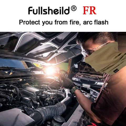 Man wearing Flame Resistant 12CAL Full Coverage Neck Gaiter Snood Face Mask For Tactical Motorcycling Welding Hunting Army Military Use Black One Size FR Cotton Fabric, working on car engine.