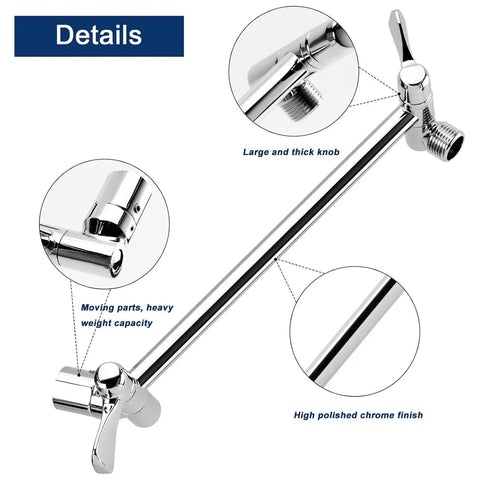 Mega Wide Rain Shower Head Combo With 11 Inch Extension Arm And 12 Inch Face, chrome extension arm detail, close-up view