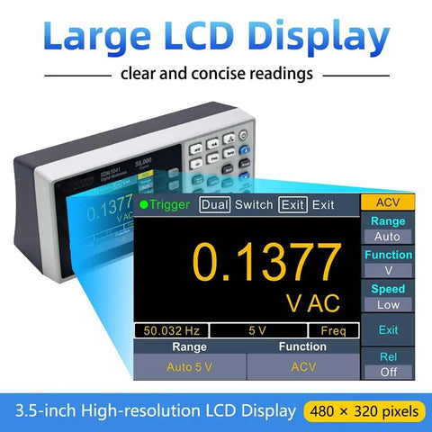 Handy Portable 3.5-Inch 55000-Count True RMS Digital Multimeter With Clear LCD Display showing voltage measurement