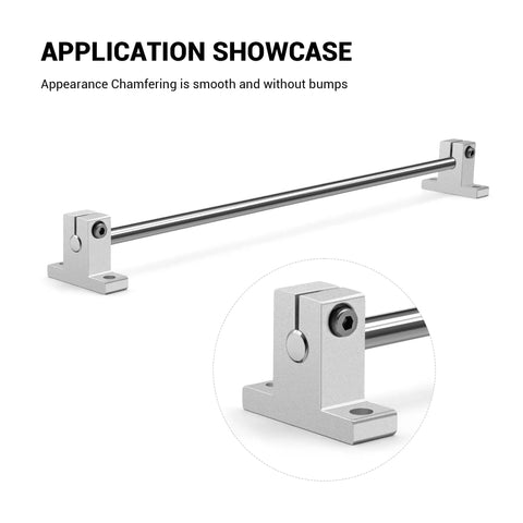 Close-up of SK12 aluminum shaft support with clamping guide for CNC setup.