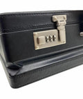 Premium Black Expanding Document Portfolio With Secure Combination Lock on slick vinyl case side.