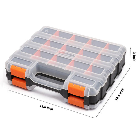 Double Side Tools Organizer With Removable Dividers, 34-Compartment Hardware Storage Box dimensions, closed view