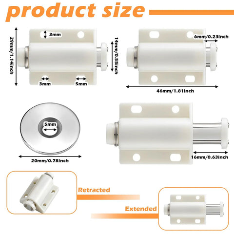 10 Pack Magnetic Touch Latch Set dimensions, showing extended and retracted views, with screw measurements for cabinet doors