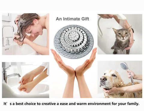 Collage with Bathtub Drain Hair Catcher, pet washing, hair washing, and hands under tap, promoting the product as an intimate gift.
