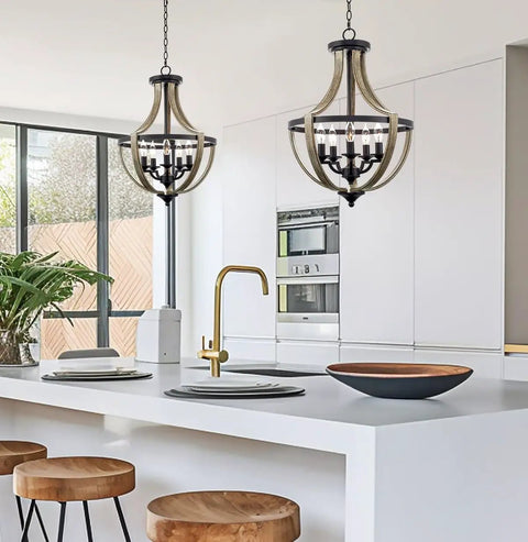 Five Light Rustic Modern Foyer Chandelier With Reclaimed Oak Wood Finish And Black Metal Frame Delivers Warm Ambient Dope Farmhouse Vibe For Entryway Or Dining Room hanging above kitchen island.