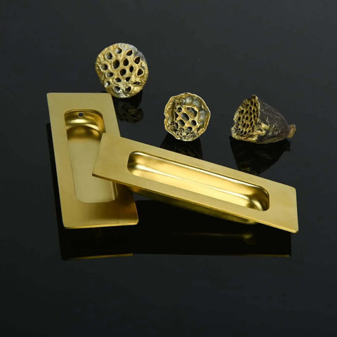 2 Pack 120Mm Flush Sliding Door Pulls Recessed Finger Pulls For Sliding Barn Bypass Doors Cabinets And Drawers Invisible Rectangular Handles Small 4.75 Inch Brushed Gold displayed with decorative background