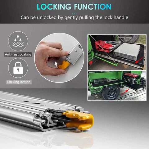 Bulletproof Heavy Duty Drawer Slides With Lock showing unlocking mechanism and anti-rust coating close up for smooth movement.