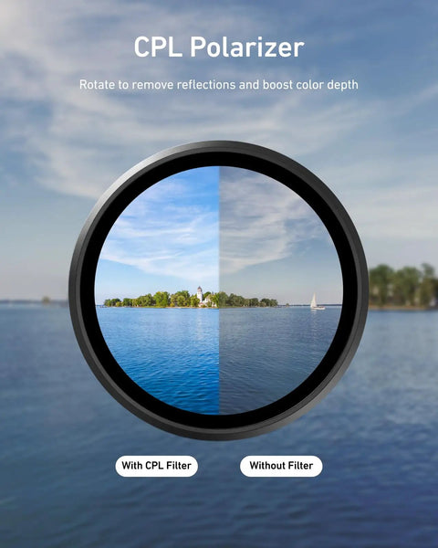 DJI Osmo Action 6 Filter Kit With 2 To 32 Variable ND, CPL UV Lens Filters showing CPL effect on landscape view