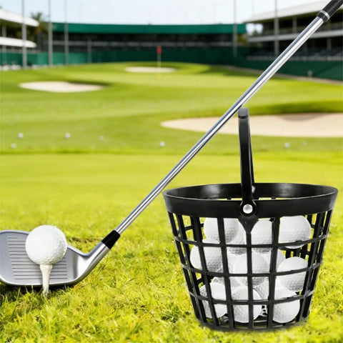 Portable Golf Ball Basket With Handle Holds Up To 50 Balls, Black Ball Bucket on golf course with club and balls on grass