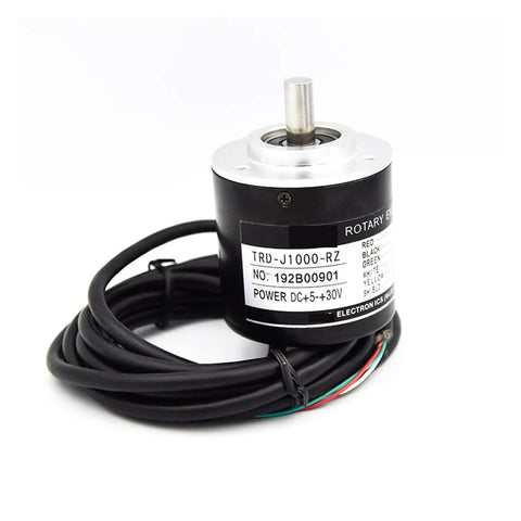 Absolute Rotary Encoder TRD-J1000-RZ with switch function, black cylindrical shape with attached wiring, automotive electronics use
