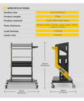 Three Tier Rolling Tool Cart On Wheels With Lockable Casters Heavy Duty Workshop Toolbox Storage Grab And Go Mobile Car Repair Organizer Spacious Garage Tool Organizer specifications image showing size and materials.